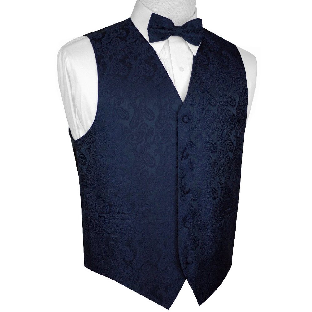 Men's Formal Wedding Prom Homecoming Tuxedo Vest Bow-Tie Hankie - Navy Paisley